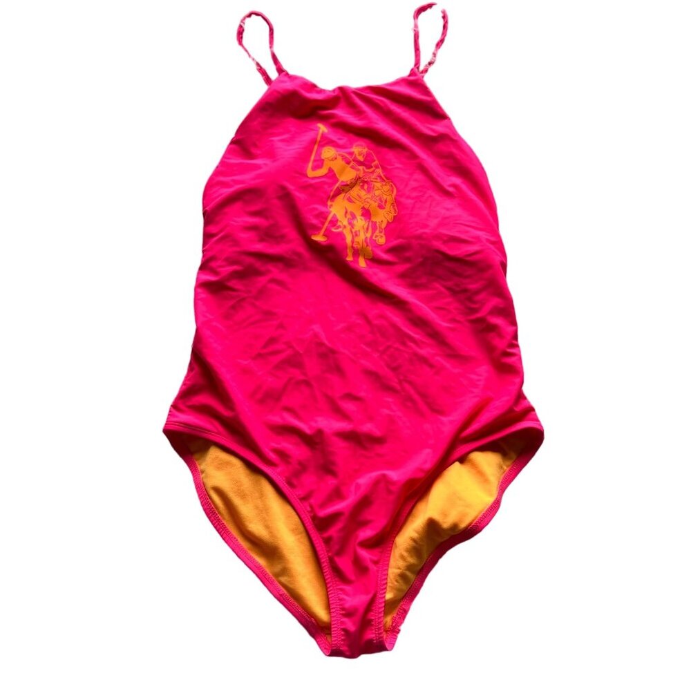 U.S. POLO ASSN. Graphic One Piece Swimsuit Women Large Neon Hot Pink Orange